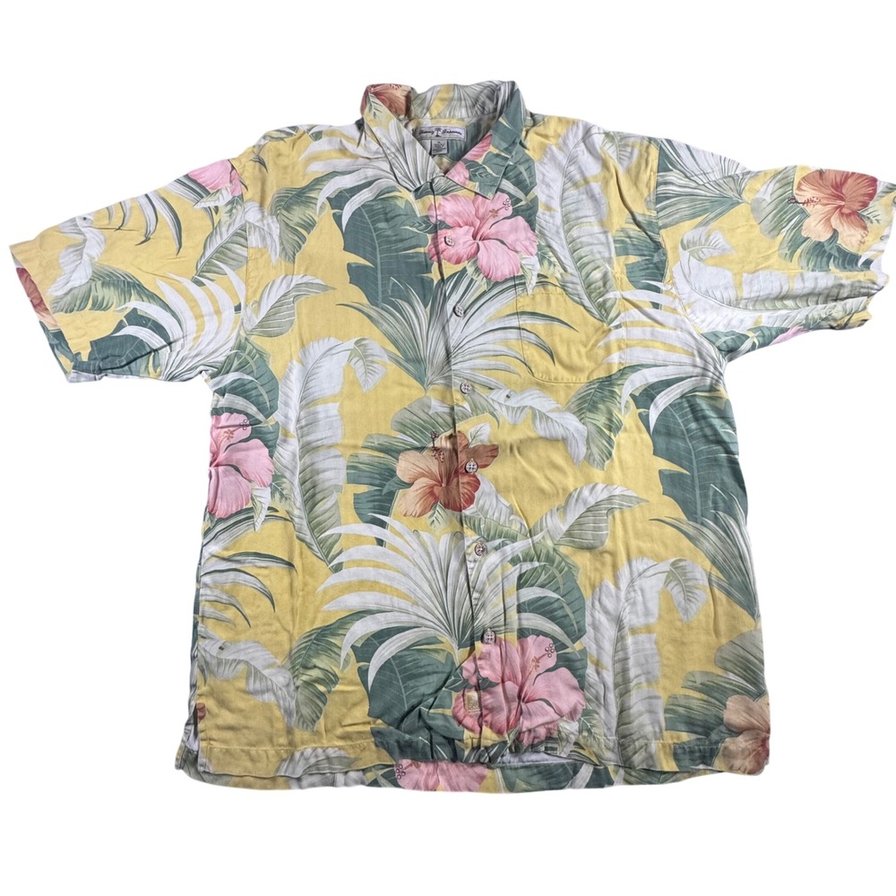 Tommy Bahama Shirt Mens L Yellow Tropical Hibiscus Floral Camp Button Up - Picture 2 of 7